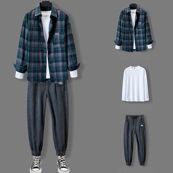 men's tracksuits shirt sport suit 3 pieces fashionable plaid + cotton t+ casual jeans for men, Gray
men's tracksuits shirt sport suit 3 pieces fashionable plaid + cotton t+ casual jeans for men, Gray