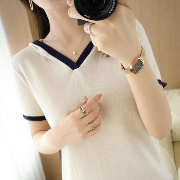 women's t-shirt 100% cotton 2021 summer style short-sleeved ladies hooded collar pullover sweater casual large size knitted top, White
women's t-shirt 100% cotton 2021 summer style short-sleeved ladies hooded collar pullover sweater casual large size knitted top, White