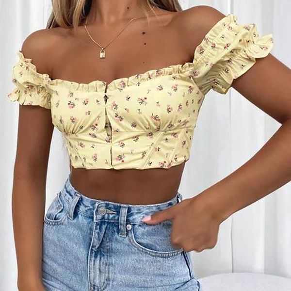 women's t-shirt elegant off shoulder crop floral print short sleeve ruffle frill slim fit bustier corset clubwear, White
women's t-shirt elegant off shoulder crop floral print short sleeve ruffle frill slim fit bustier corset clubwear, White