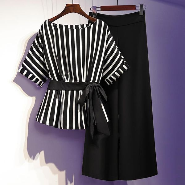 2021 new striped blouse & wide leg pants set plus size two piece set lounge wear summer clothes for women, Gray
2021 new striped blouse & wide leg pants set plus size two piece set lounge wear summer clothes for women, Gray