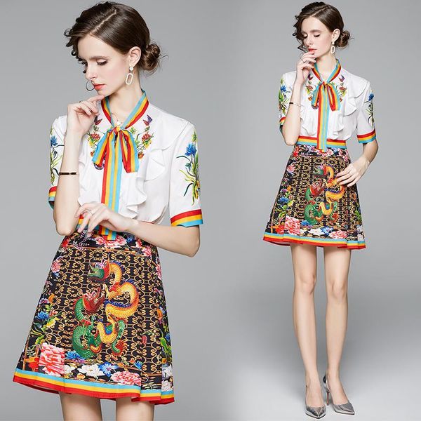 two piece dress summer runway 2 womens sets vintage baroque print bow tie neck short sleeve shirt blouse mini skirt suits outfits, White
two piece dress summer runway 2 womens sets vintage baroque print bow tie neck short sleeve shirt blouse mini skirt suits outfits, White
