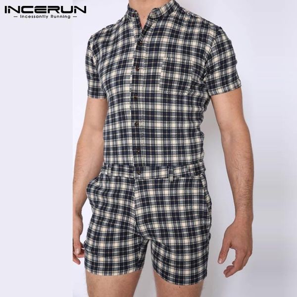 men's shorts summer men plaid rompers stand collar short sleeve streetwear casual jumpsuits pockets 2021 mens overalls s-5xl incerun, White;black
men's shorts summer men plaid rompers stand collar short sleeve streetwear casual jumpsuits pockets 2021 mens overalls s-5xl incerun, White;black
