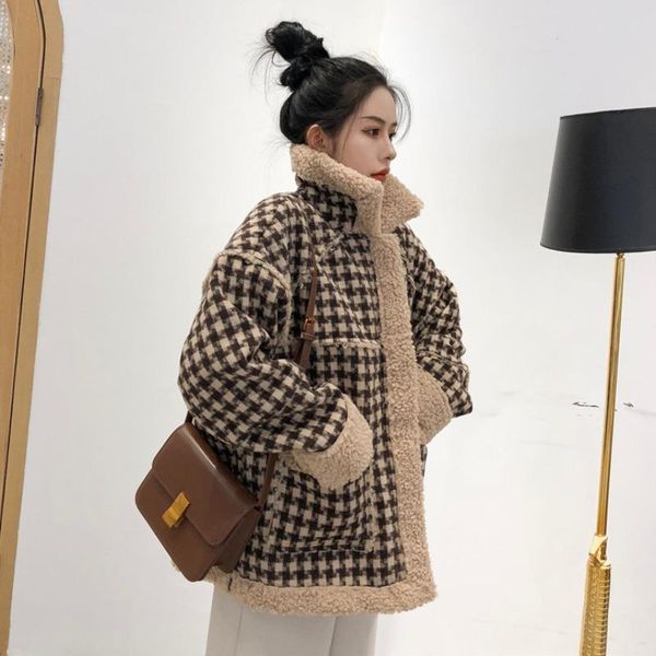 women's jackets gentle wind plaid coat 2021 winter loose cashmere thickened cotton imitation lamb wool long sleeve, Black;brown
women's jackets gentle wind plaid coat 2021 winter loose cashmere thickened cotton imitation lamb wool long sleeve, Black;brown