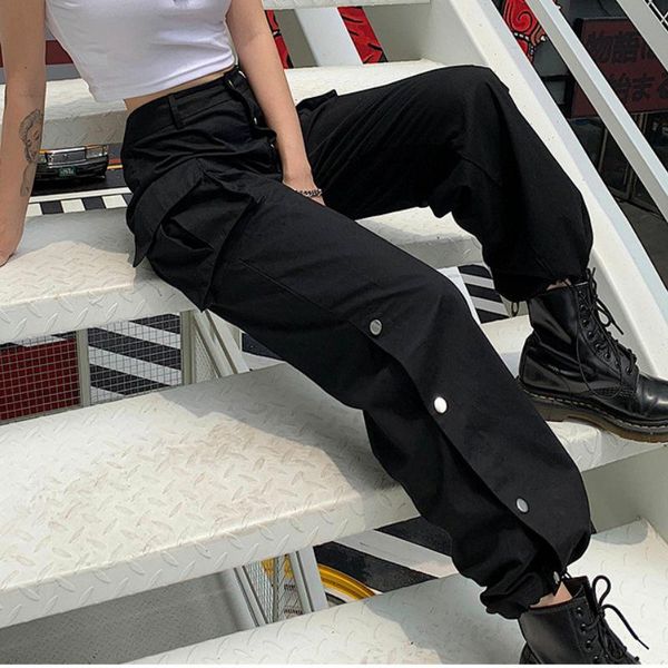 women fashion casual cargo pants solid color bottoms clothes ladies high waist side buttons split loose long trousers streetwear, Black;white
women fashion casual cargo pants solid color bottoms clothes ladies high waist side buttons split loose long trousers streetwear, Black;white
