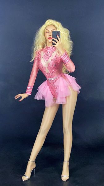 sparkly rhinestones pink lace bodysuit women long sleeve birthday party outfit dance costume show performance stage wear, Black;red
sparkly rhinestones pink lace bodysuit women long sleeve birthday party outfit dance costume show performance stage wear, Black;red