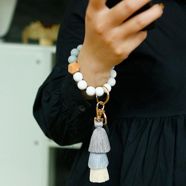 keychains wooden bead tassel keychain car wristband silicone beaded ladies keyring bracelet trendy, Silver