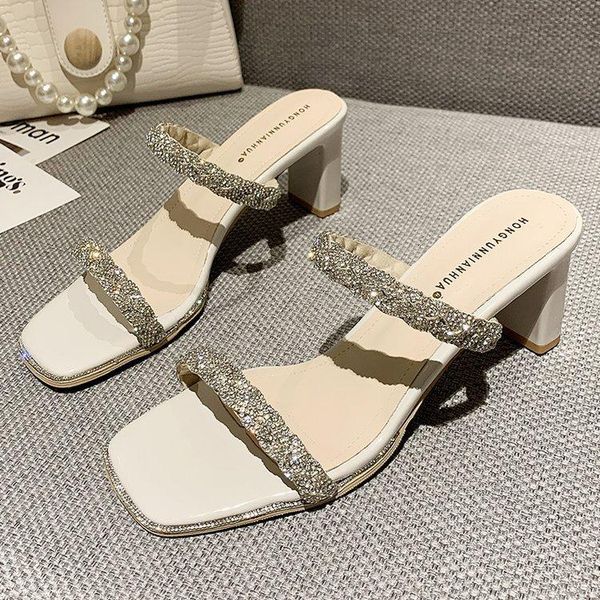 slippers high-heeled women's summer temperament square toe thick heel ladies style net red bright diamond sandals, Black
slippers high-heeled women's summer temperament square toe thick heel ladies style net red bright diamond sandals, Black