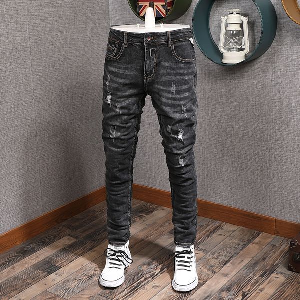 2021 new italian style fashion black gray elastic ripped men vintage designer slim pants streetwear hip hop jeans homme peef, Blue
2021 new italian style fashion black gray elastic ripped men vintage designer slim pants streetwear hip hop jeans homme peef, Blue
