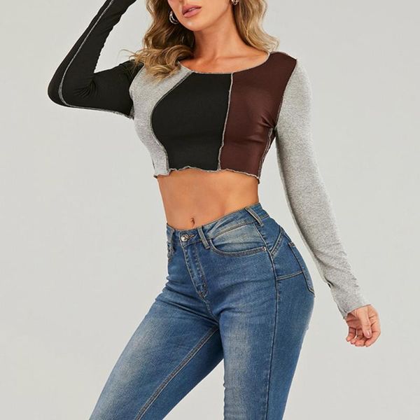 women's t-shirt crop patchwork women long sleeve o neck shirt for spring autumn, White
women's t-shirt crop patchwork women long sleeve o neck shirt for spring autumn, White