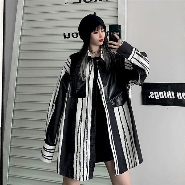 men's casual shirts striped blouse mid-length shirt women spring autumn loose all-match high street harajuku korean fashion female clot, White;black