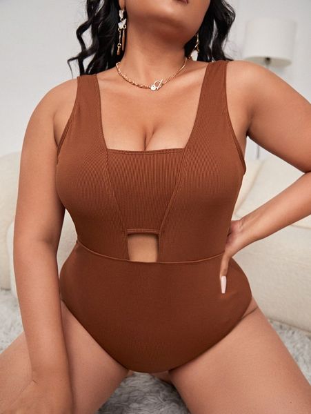 plus rib cut out one piece swimsuit x89l#, Black
plus rib cut out one piece swimsuit x89l#, Black