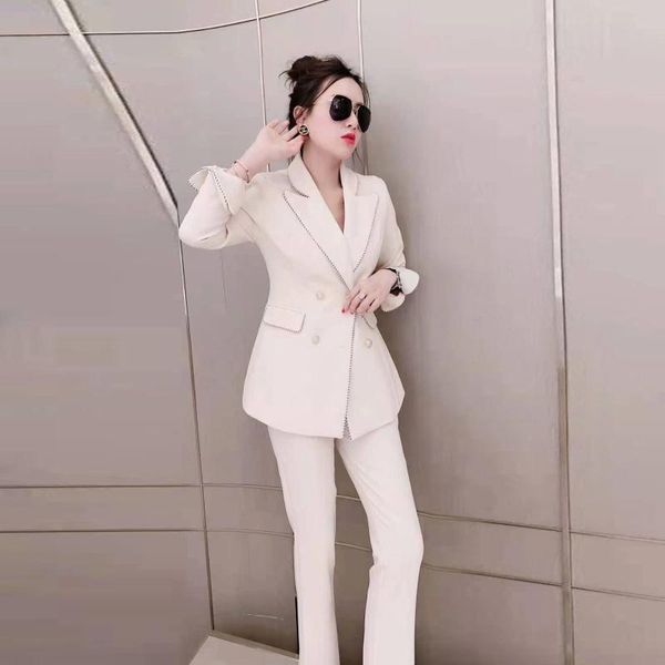 women's two piece pants suit 2021 spring fashion temperament contrast blazer slim leggings professional, White
women's two piece pants suit 2021 spring fashion temperament contrast blazer slim leggings professional, White