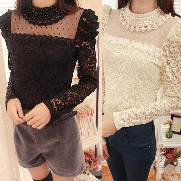 women's sweaters fashion slim pearl collar lace crochet blouse shirts long sleeve, White;black
women's sweaters fashion slim pearl collar lace crochet blouse shirts long sleeve, White;black