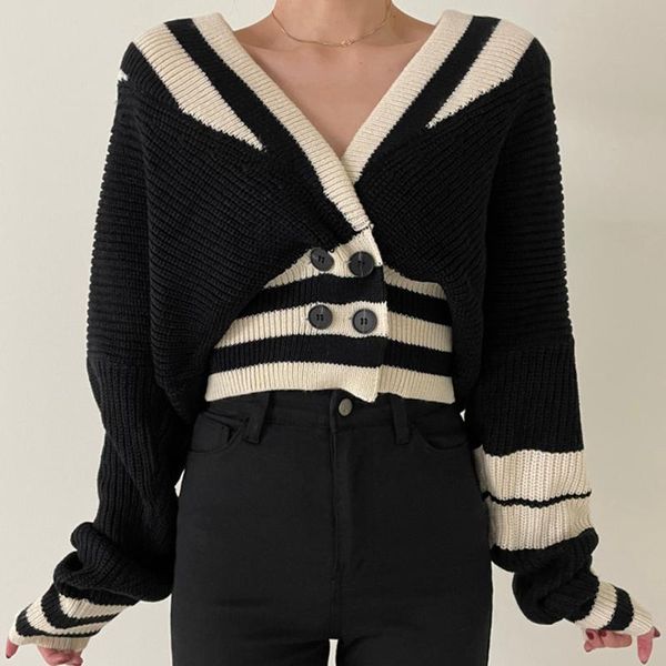 women's sweaters woman sweater 2021 korean fashion elegant wild v-neck contrast stripes double-breasted design waist knit cardigan, White;black
women's sweaters woman sweater 2021 korean fashion elegant wild v-neck contrast stripes double-breasted design waist knit cardigan, White;black