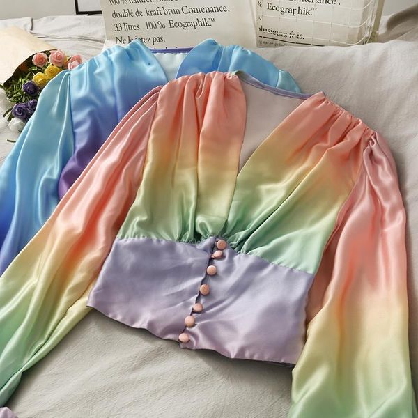 women's blouses & shirts rainbow colored blouse v neck buttons up shirt female long sleeve puff women, White
women's blouses & shirts rainbow colored blouse v neck buttons up shirt female long sleeve puff women, White