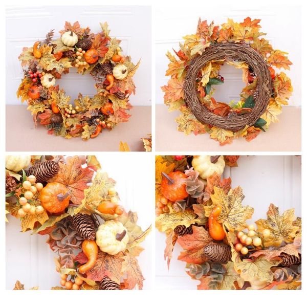 artificial wreath garland rattan frame with pumpkin berries pine cone and maple leaves halloween thanksgiving autumn h qyllje