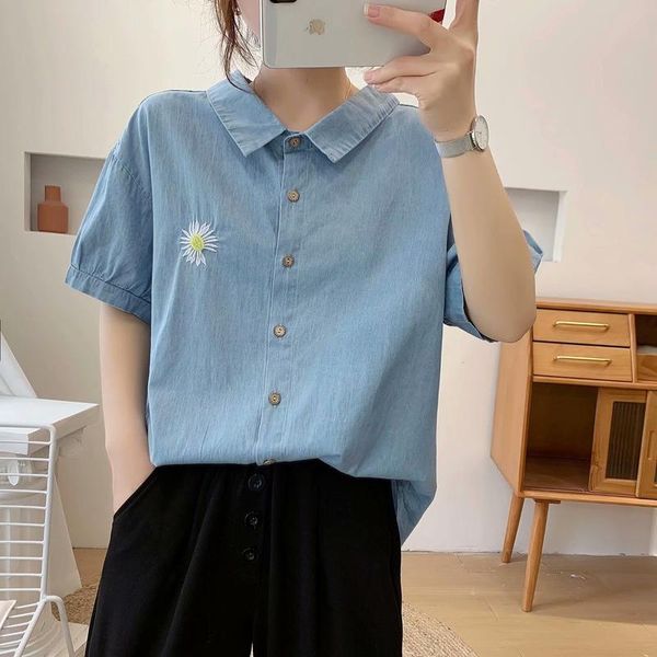 women's blouses & shirts korean art style short sleeve denim women temperament turn-down collar daisy embroidery loose femme chic thin, White
women's blouses & shirts korean art style short sleeve denim women temperament turn-down collar daisy embroidery loose femme chic thin, White