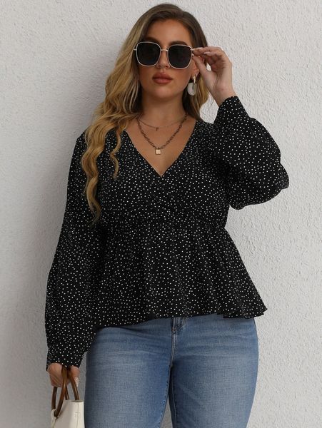 plus polka dot print lantern sleeve peplum h8it#, Black 
plus polka dot print lantern sleeve peplum h8it#, Black