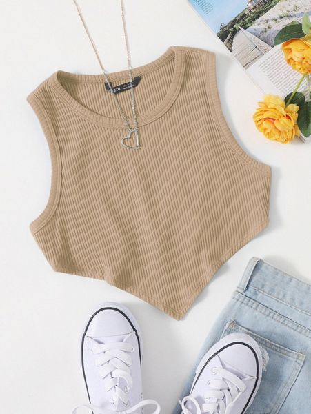 asymmetrical hem rib-knit crop tank n6it#, White 
asymmetrical hem rib-knit crop tank n6it#, White