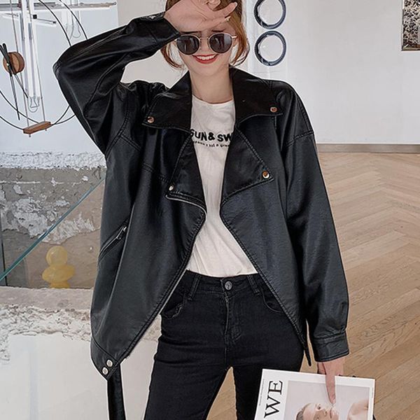 women's leather & faux fitaylor spring autumn women pu motorcycle jacket ladies loose casual overcoat female with belt solid color outw, Black
women's leather & faux fitaylor spring autumn women pu motorcycle jacket ladies loose casual overcoat female with belt solid color outw, Black