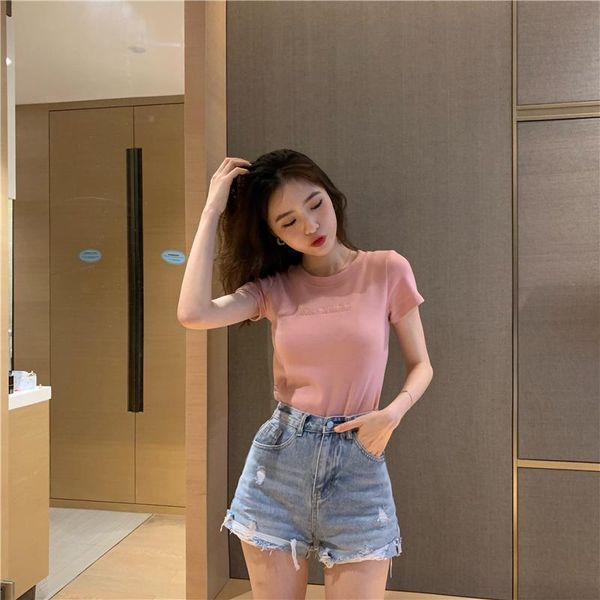 women's t-shirt mararin summer letter embroidery solid short sleeve o neck kawaii sweet cute women streetwear top, White 
women's t-shirt mararin summer letter embroidery solid short sleeve o neck kawaii sweet cute women streetwear top, White