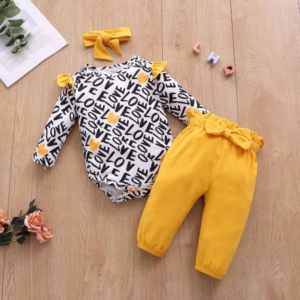 40# letter print baby girls clothing ruffle long sleeve love frill romper + solid color pants + headband set children's costumes, White 
40# letter print baby girls clothing ruffle long sleeve love frill romper + solid color pants + headband set children's costumes, White