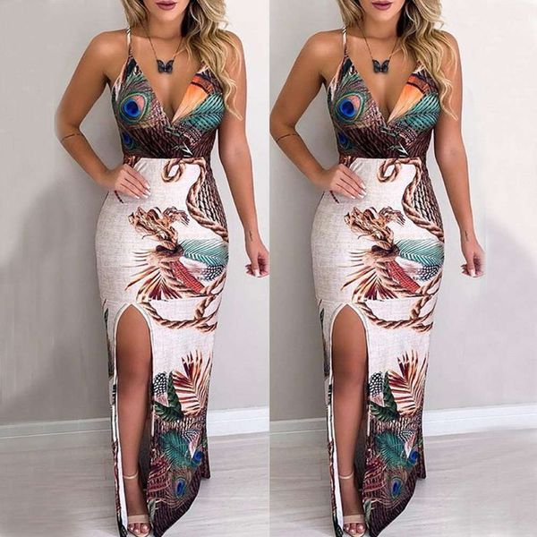 2020 long suspender peacock print dress, Gray 
2020 long suspender peacock print dress, Gray