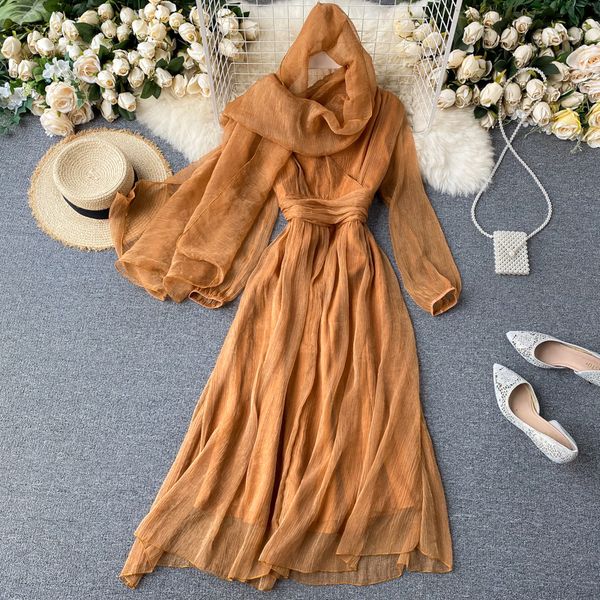 2021 deep v-neck long sleeve chiffon women vintage high waist female es with scarf fashion vestidos autumn hzzc, Black;gray
2021 deep v-neck long sleeve chiffon women vintage high waist female es with scarf fashion vestidos autumn hzzc, Black;gray