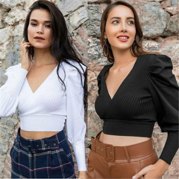 women's t-shirt deep v-neck cross black knitted shirt women elegant bubble sleeve skinny bodycon bandage binding tee corset fashion, White
women's t-shirt deep v-neck cross black knitted shirt women elegant bubble sleeve skinny bodycon bandage binding tee corset fashion, White
