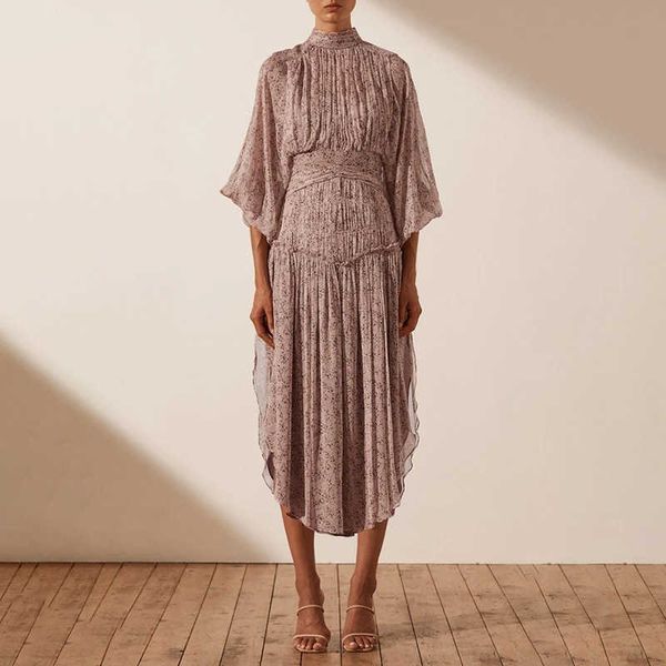 luxury evening dress french style chiffon long skirt 2021 autumn stand collar lantern sleeve waist side small split, Black;gray