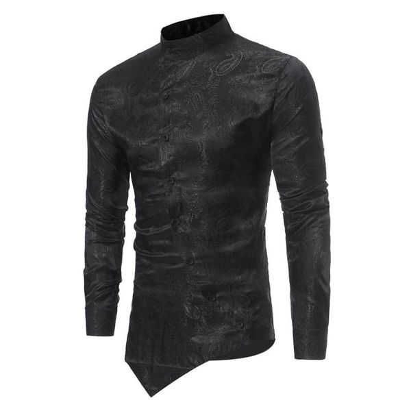 men's casual shirts fashion black irregular hem slim fit long sleeve shirt men chemise homme hipster paisley mens business dress, White;black 
men's casual shirts fashion black irregular hem slim fit long sleeve shirt men chemise homme hipster paisley mens business dress, White;black