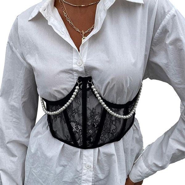 belts women's cummerbunds waist trainer corset lace pearl chains cincher shaper with chest support for girls black belt, Black;brown