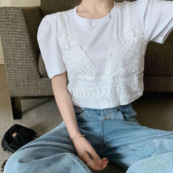 women's t-shirt lace fake two high waist short sleeve female 2021 summer cotton loose korean version slim top, White
women's t-shirt lace fake two high waist short sleeve female 2021 summer cotton loose korean version slim top, White