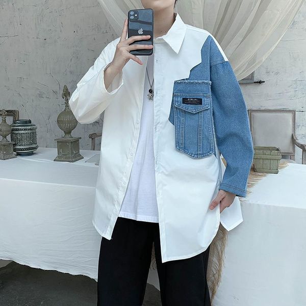 men's casual shirts stitching denim shirt for men spring autumn fashion coat loose long-sleeve blouse korean harajuku, White;black
men's casual shirts stitching denim shirt for men spring autumn fashion coat loose long-sleeve blouse korean harajuku, White;black