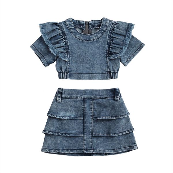 1 6 years toddler girls summer clothes solid color denim outfits o neck short sleeve crop high waist layered, White 
1 6 years toddler girls summer clothes solid color denim outfits o neck short sleeve crop high waist layered, White