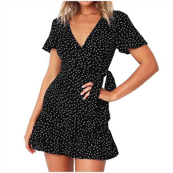 vestidos fashion chiffon ruffle womens dresses short sleeve printed bandage casual v neck dress sundress, Black;gray 
vestidos fashion chiffon ruffle womens dresses short sleeve printed bandage casual v neck dress sundress, Black;gray