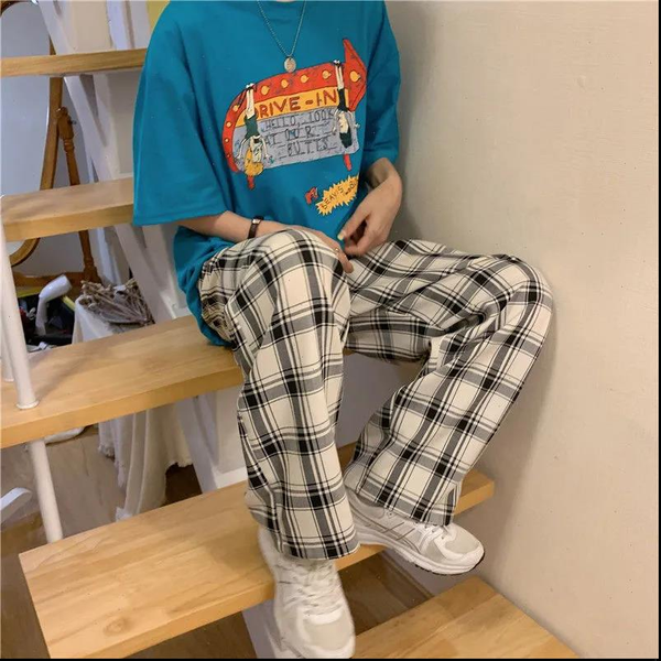 plaid pants ins retro casual pants high waist loose straight wide leg pants trousers cargo elastic para, Black;white
plaid pants ins retro casual pants high waist loose straight wide leg pants trousers cargo elastic para, Black;white
