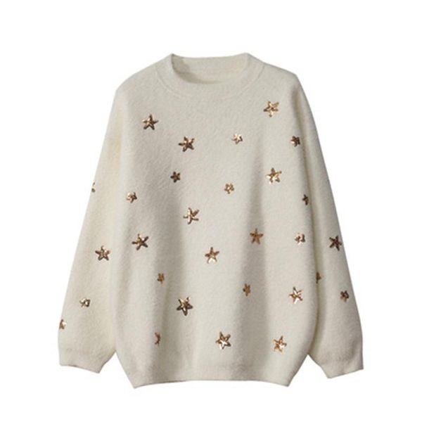 saythen mink embroidered sequined star sweater women 2021 new autumn and winter loose knit sweater fashion pullover, White;black
saythen mink embroidered sequined star sweater women 2021 new autumn and winter loose knit sweater fashion pullover, White;black