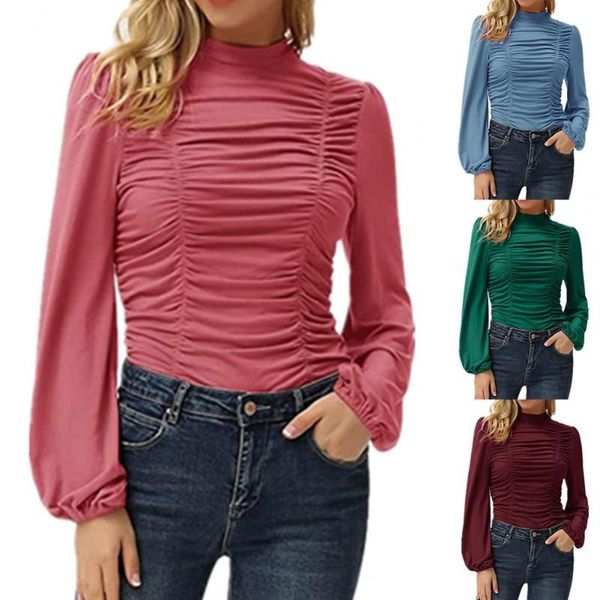 women's blouses & shirts solid color pleated women lantern long sleeve for half high-neck slim crop femme blusas, White
women's blouses & shirts solid color pleated women lantern long sleeve for half high-neck slim crop femme blusas, White
