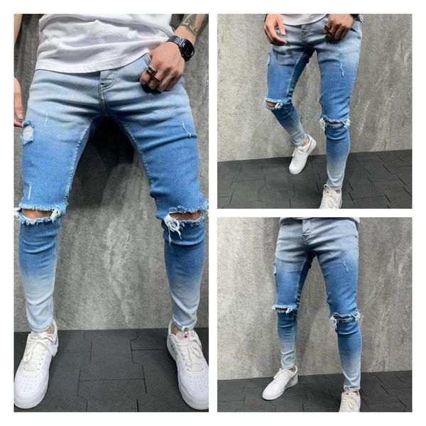 men's jeans ripped gradient color mid waist trousers fashion casual wild slim skinny hole pencil pants for spring summer, Blue
men's jeans ripped gradient color mid waist trousers fashion casual wild slim skinny hole pencil pants for spring summer, Blue