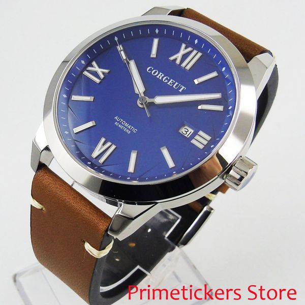 corgeut 41mm blue dial sapphire glass date roman numerals automatic mens watch luminous, Slivery;brown
corgeut 41mm blue dial sapphire glass date roman numerals automatic mens watch luminous, Slivery;brown