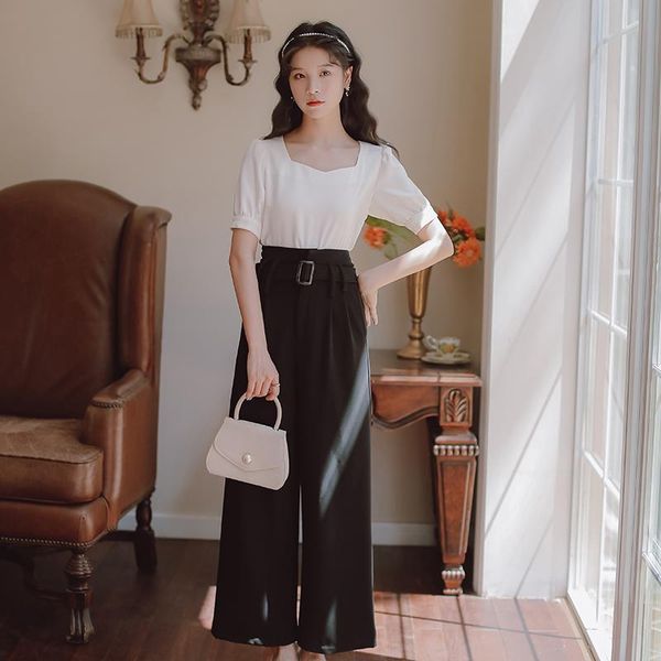women's two piece pants korean two-piece set women summer temperament square neck puff sleeve female+elegant retro wide-leg suit send, White
women's two piece pants korean two-piece set women summer temperament square neck puff sleeve female+elegant retro wide-leg suit send, White