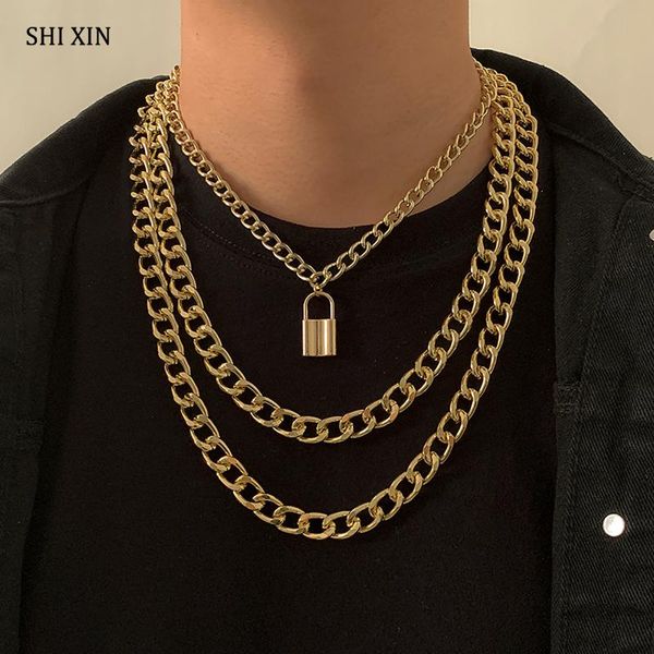 pendant necklaces shixin 3 pcs exaggerated thick cuban link chain choker necklace for women/men fashion layered chains with lock, Silver 
pendant necklaces shixin 3 pcs exaggerated thick cuban link chain choker necklace for women/men fashion layered chains with lock, Silver