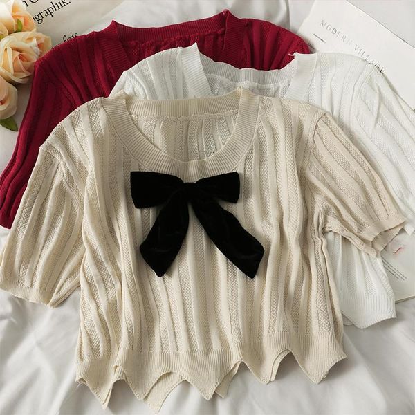 women's t-shirt vintage design kintting short sleeve t shirts bow patchwork o neck pullover korean style female chic tee, White
women's t-shirt vintage design kintting short sleeve t shirts bow patchwork o neck pullover korean style female chic tee, White