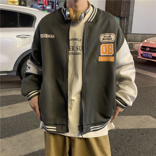 fake two-piece men's bf casual trend plush thickened sports baseball jacket, Black;brown