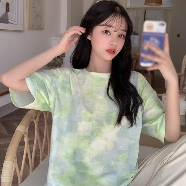 women's t-shirt loose bottoming shirt personality checkered casual short-sleeved mid-length summer, White 
women's t-shirt loose bottoming shirt personality checkered casual short-sleeved mid-length summer, White