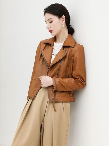 women's leather & faux sheepskin coat 2021 short slim jacket, Black
women's leather & faux sheepskin coat 2021 short slim jacket, Black