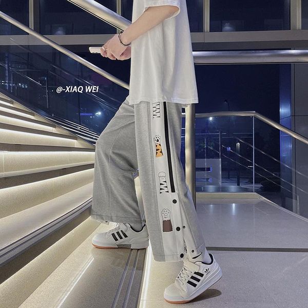 men's pants side split breasted male loose straight-leg printing casual basketball sweatpants jogging, Black