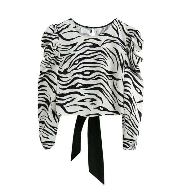 women zebra-stripe print puff sleeve short shirt vintage femme back fork bow blouse casual lady loose smock blusas s8012 210315, White
women zebra-stripe print puff sleeve short shirt vintage femme back fork bow blouse casual lady loose smock blusas s8012 210315, White