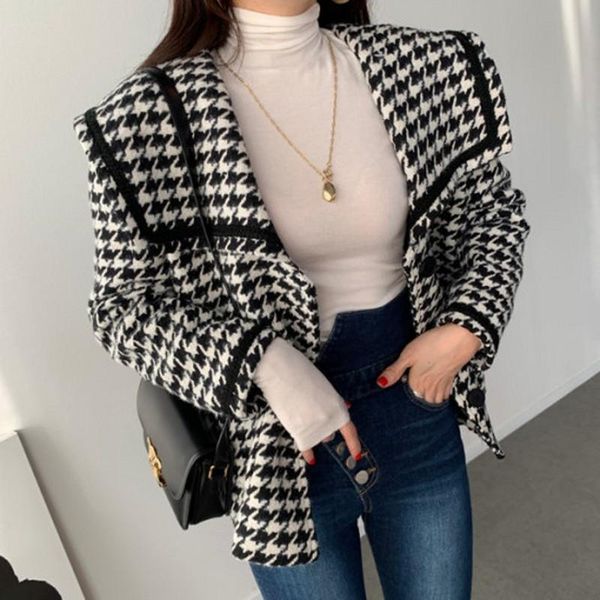 women's jackets fashion women elegant fall winter sailor collar single breasted thick woolen cloth coat 2021 houndstooth cardigan, Black;brown
women's jackets fashion women elegant fall winter sailor collar single breasted thick woolen cloth coat 2021 houndstooth cardigan, Black;brown
